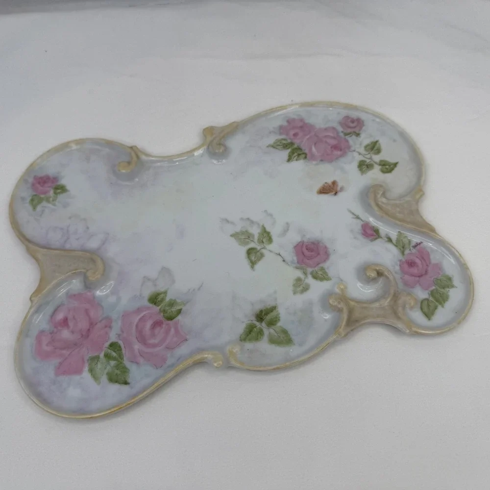 Antique Hand Painted Porcelain Vanity Tray Pink Roses Signed T Baker Butterfly